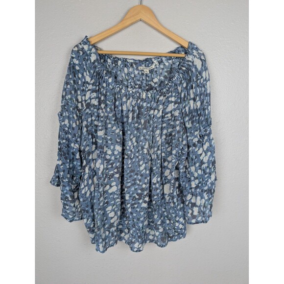 Zac & Rachel Woman Blouse Womens 3X Blue White Abstract Ruffle Sleeve Boho Top - Picture 1 of 9